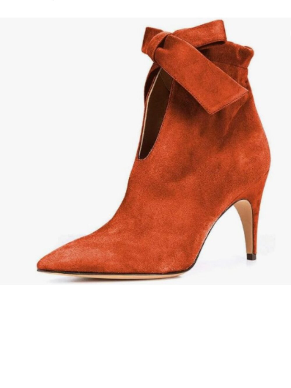 XYD Burnt Orange Pointed Toe Ankle Booties Dress Mid Heels Bow Pull-on Boots